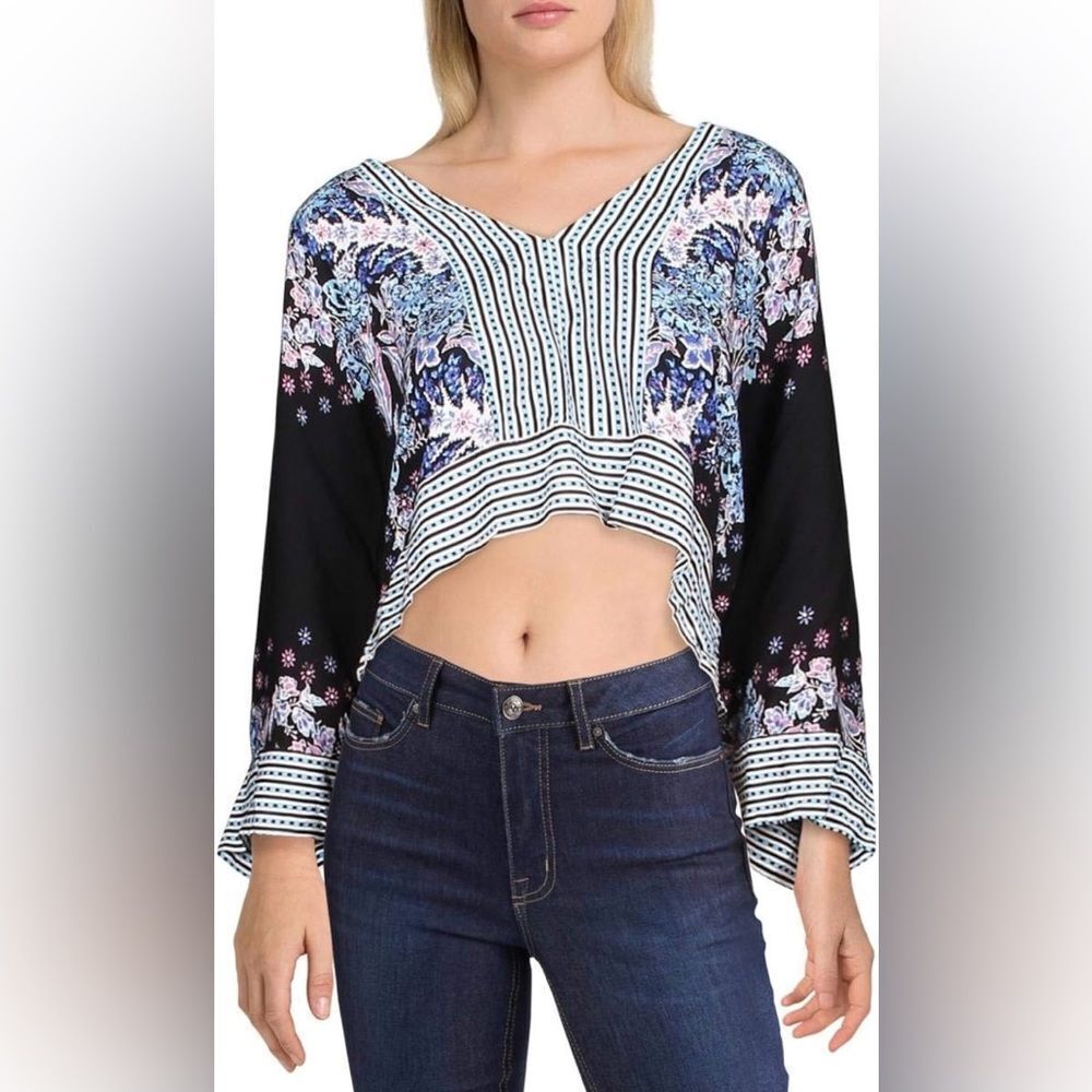 Free People Boho Peasant Kimono Crop Top with Floral Print Bell Sleeves